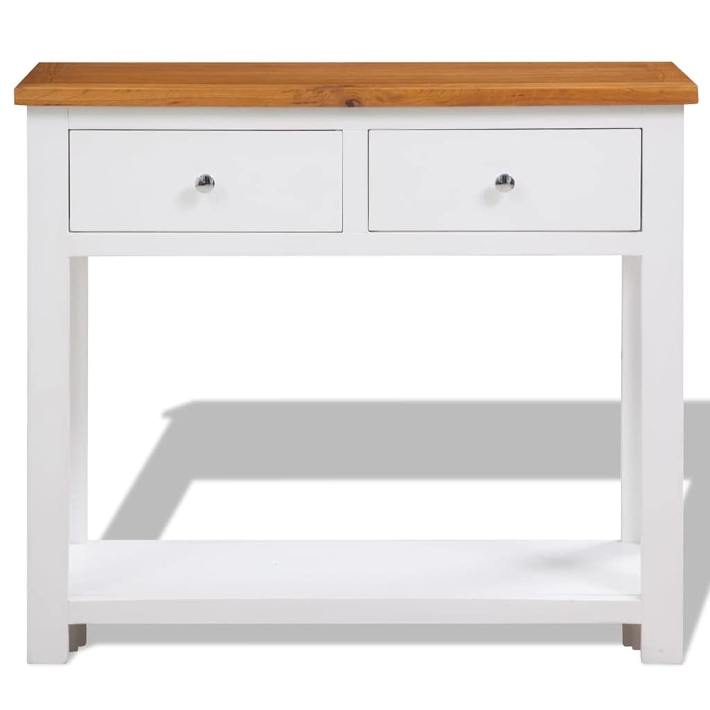 Solid Oak Wood Console Table with Two Drawers and Shelf O87755