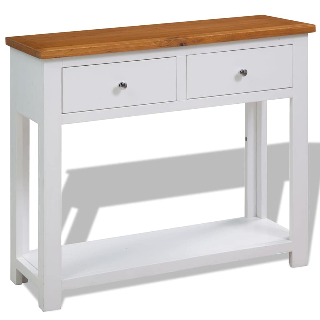 Solid Oak Wood Console Table with Two Drawers and Shelf O87755