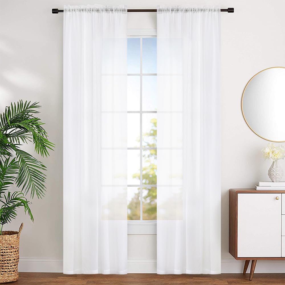 White 95 Inches Long Rod Pocket Sheer Curtains Set of 2 N13897