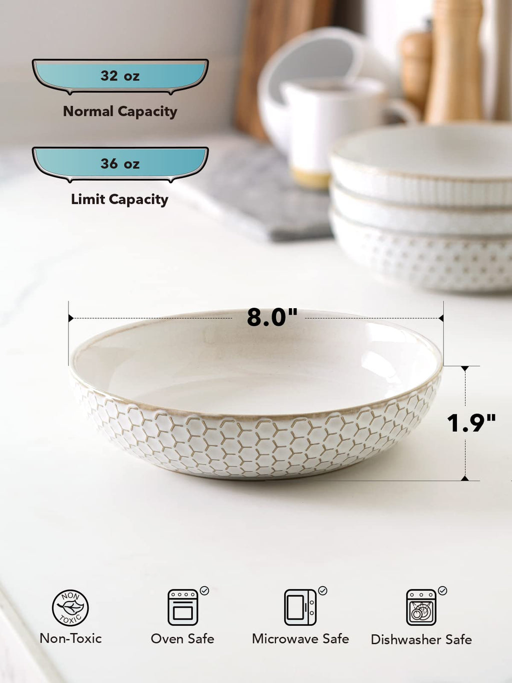 36 oz Ceramic Pasta Bowl Set of 4, Arctic White X52225