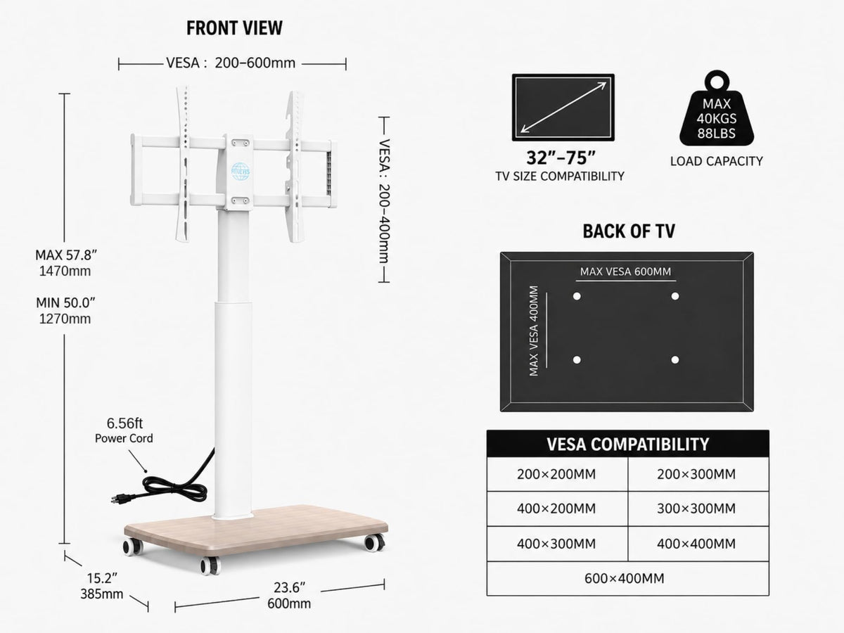 White Rolling TV Stand for 32-75 Inch TVs J73203