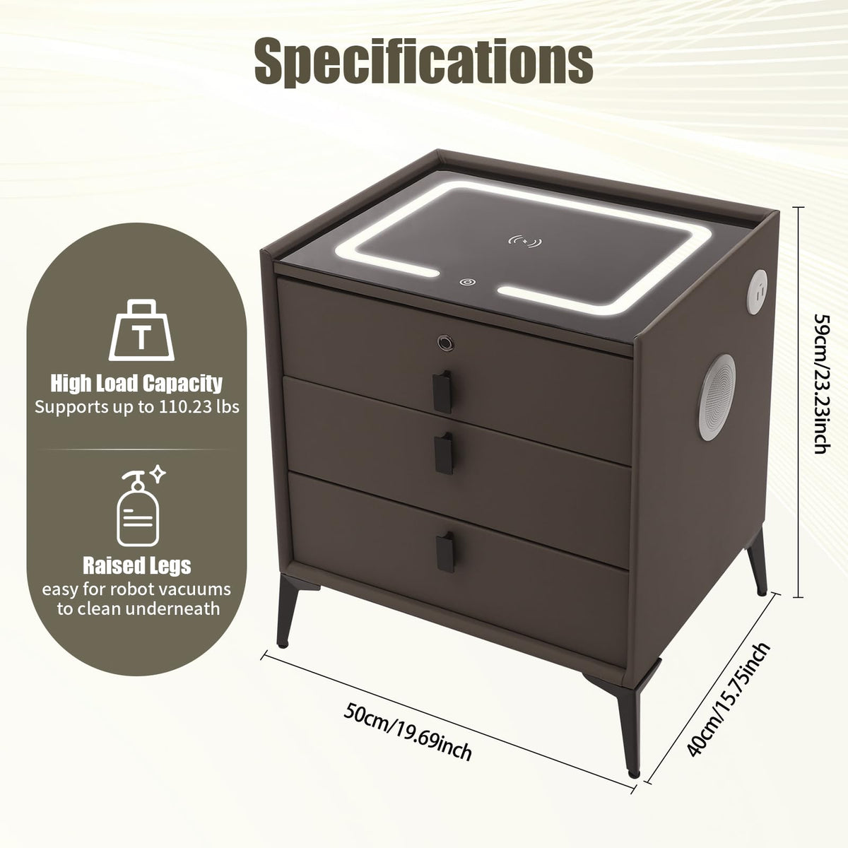 Dark Grey 3-Drawer Nightstand with Charging Station N750079