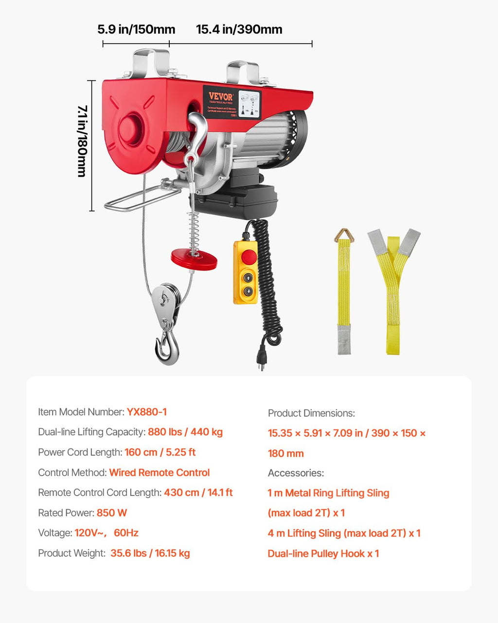 880lbs Electric Hoist with Wired Remote Control I92479