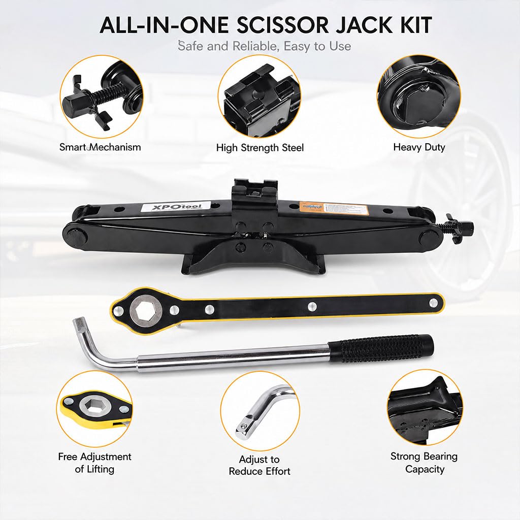 3 Ton Scissor Car Jack, 6614 LBS Heavy Duty Tire Changing Kit with Lug Wrench, Ratchet Wrench, Sockets, Work Gloves, Tire Pressure Gauge and Storage Bag Y56604