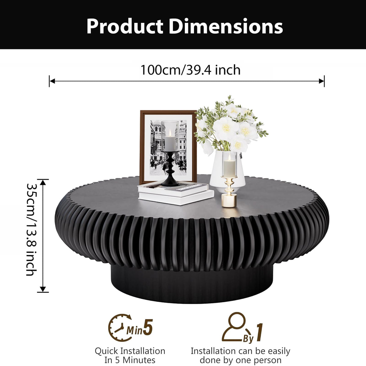 Black Round Fluted Drum Coffee Table O937748