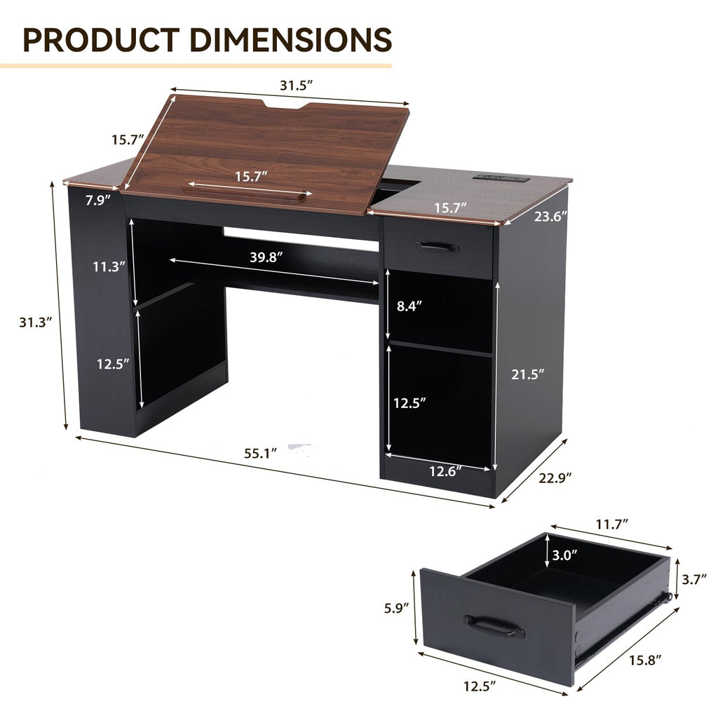 55.1" Black Drafting Table K808