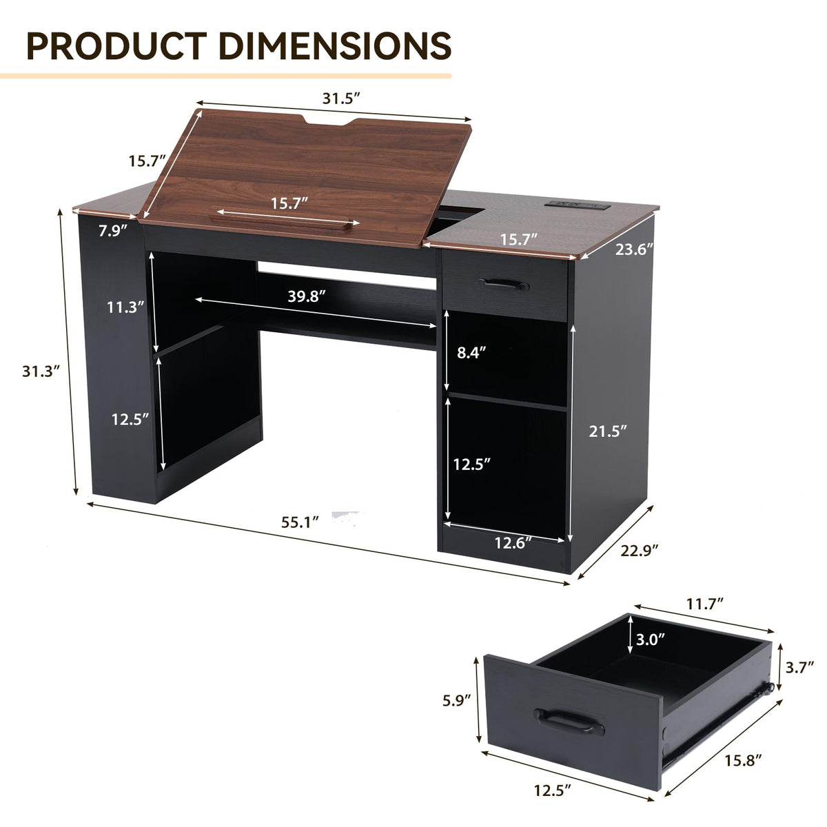 55.1" Black Drafting Table K808