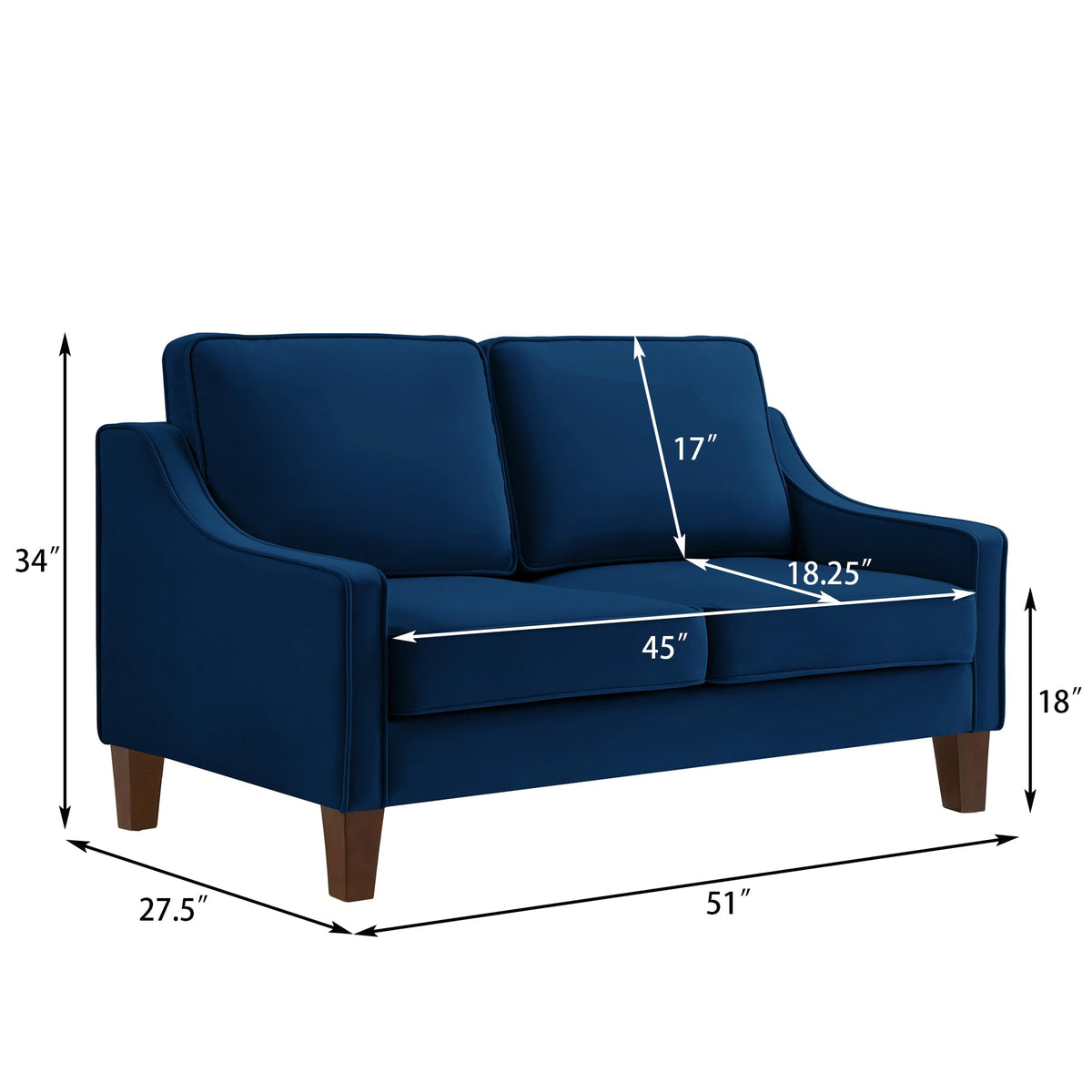 Navy Velvet 2 Seat Loveseat Sofa with Wooden Legs L478
