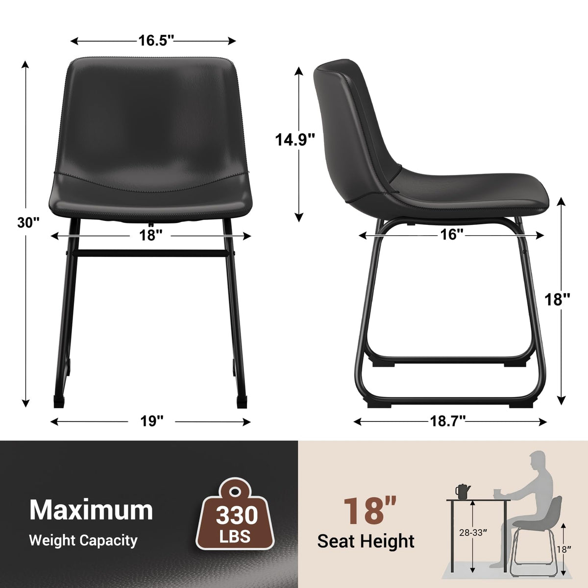 Black PU Leather Dining Chairs Set of 2 L638
