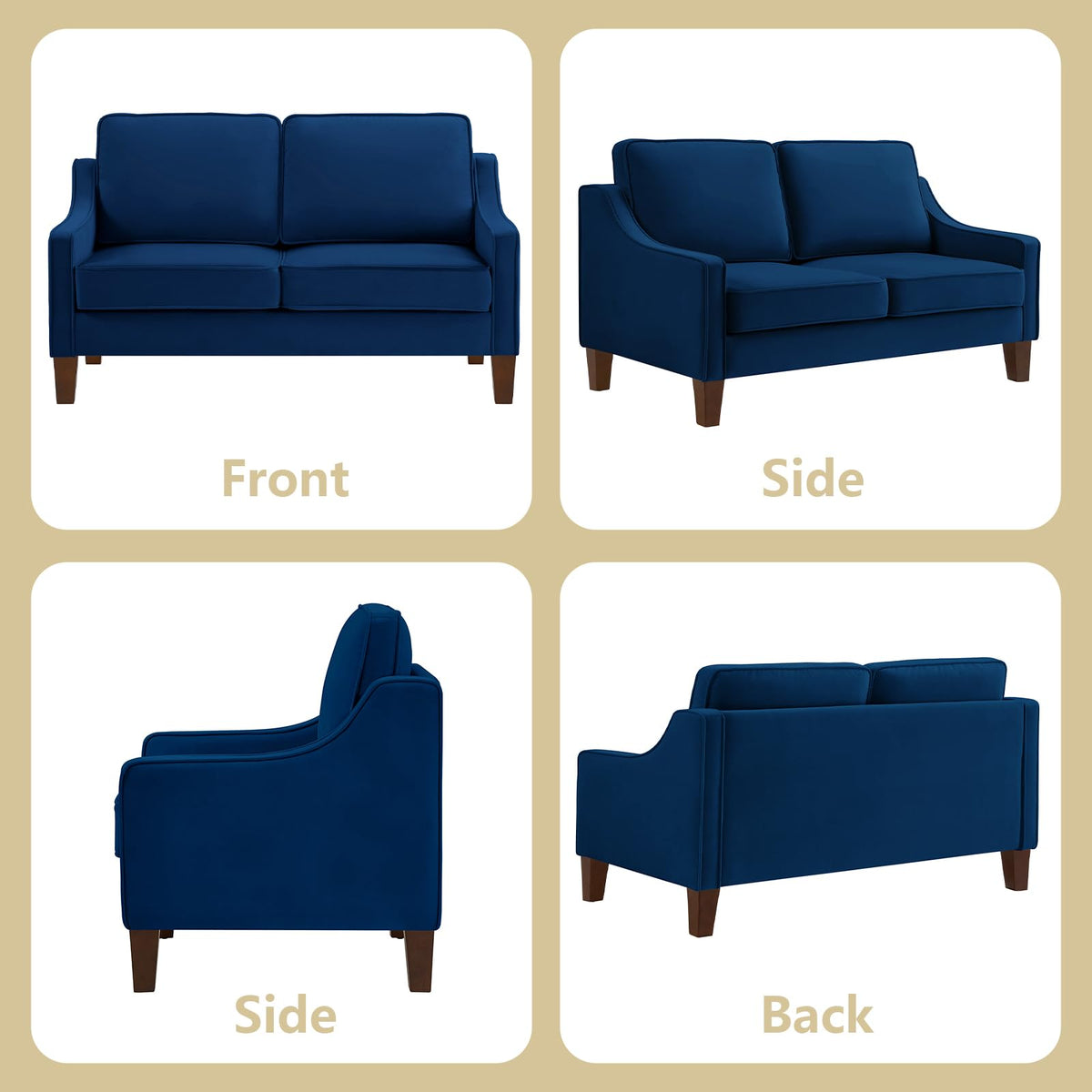 Navy Velvet 2 Seat Loveseat Sofa with Wooden Legs L478