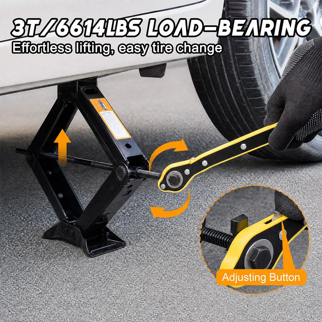 3 Ton Scissor Car Jack, 6614 LBS Heavy Duty Tire Changing Kit with Lug Wrench, Ratchet Wrench, Sockets, Work Gloves, Tire Pressure Gauge and Storage Bag Y56604