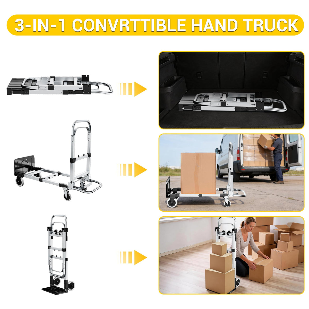 3 in 1 Folding Hand Truck 600lbs Capacity Heavy Duty D7385