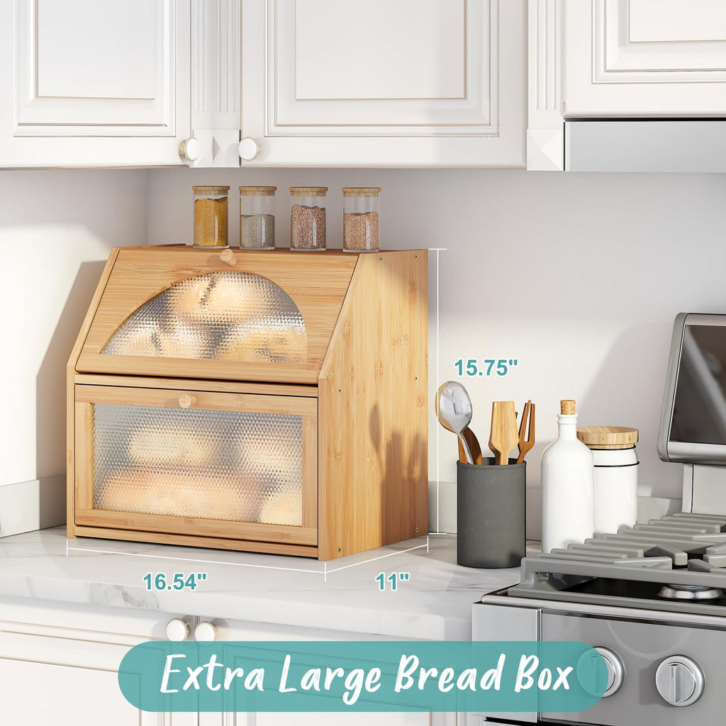 Extra Large Bamboo Wood Double Layer Bread Box Q543593