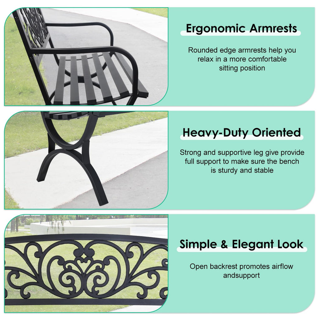 50" Outdoor Garden Bench Black 485lbs Load Capacity D268