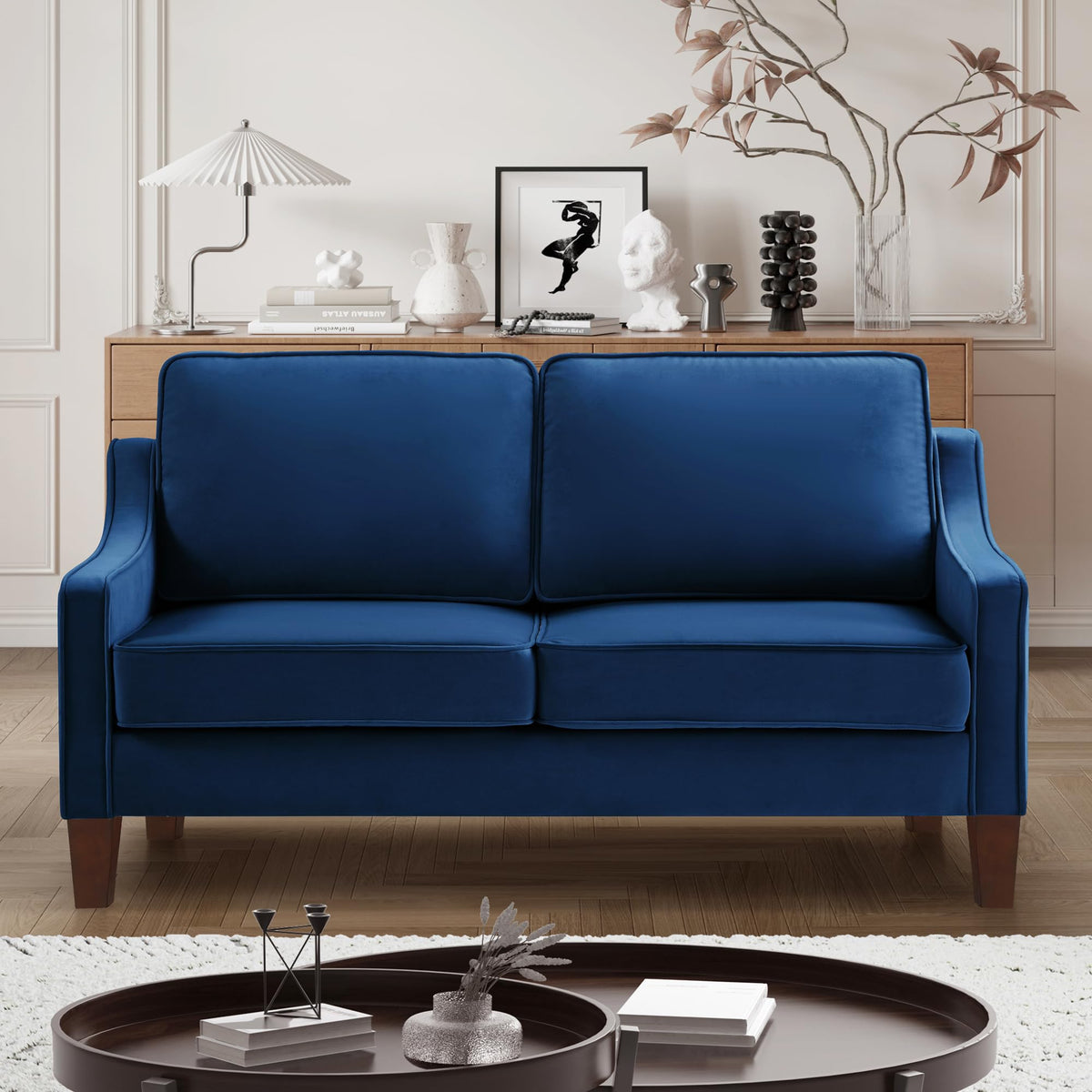 Navy Velvet 2 Seat Loveseat Sofa with Wooden Legs L478