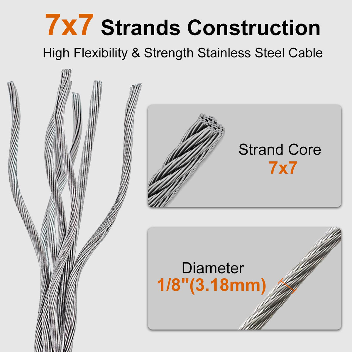 1/8 Stainless Steel Cable 200ft T316 Wire Rope with 8" Cutter B271