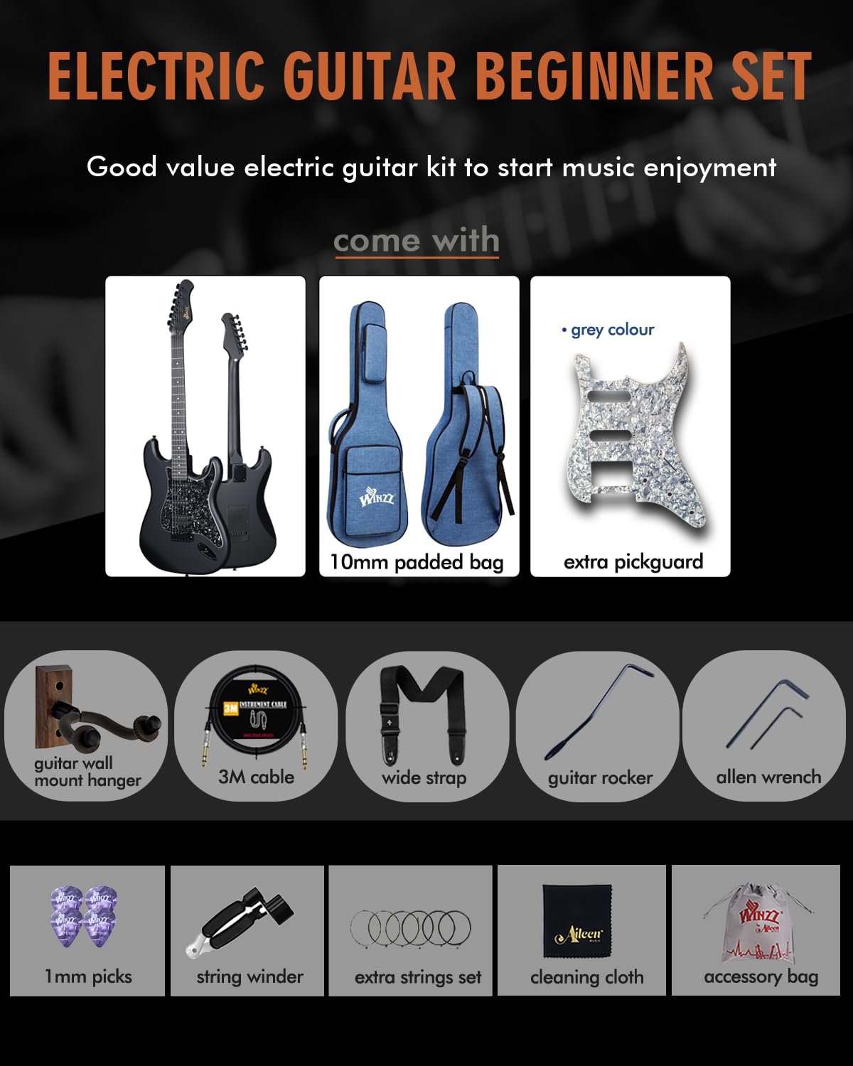 Full Size HSS Electric Guitar with 12 Accessories J2230