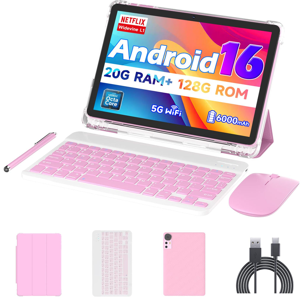 Android 16 Tablet 10 inch 20GB RAM 128GB ROM Octa-core Pink I1476