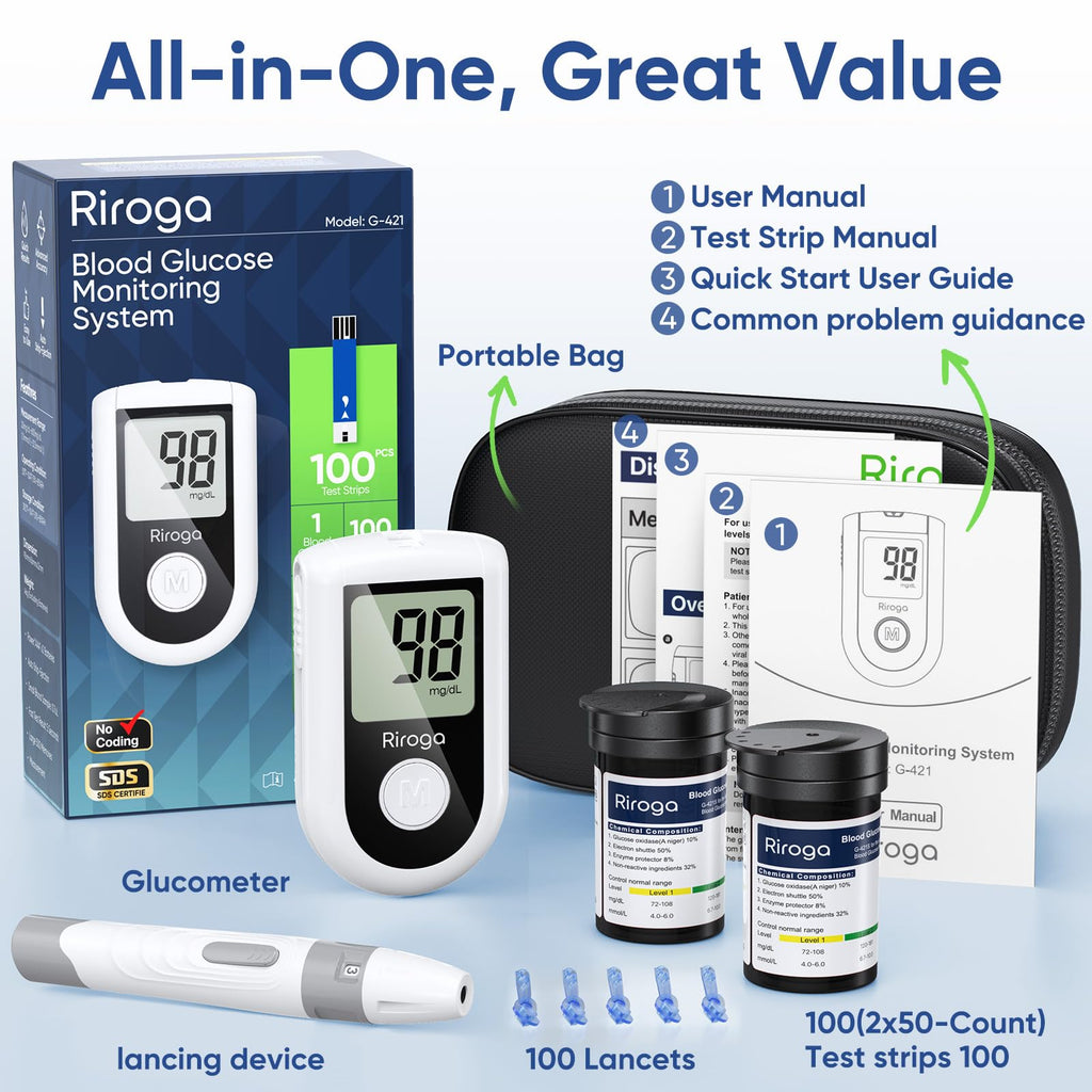 Blood Glucose Monitor Kit with 100 Strips, 100 Lancets, Lancing Device, No Coding T852