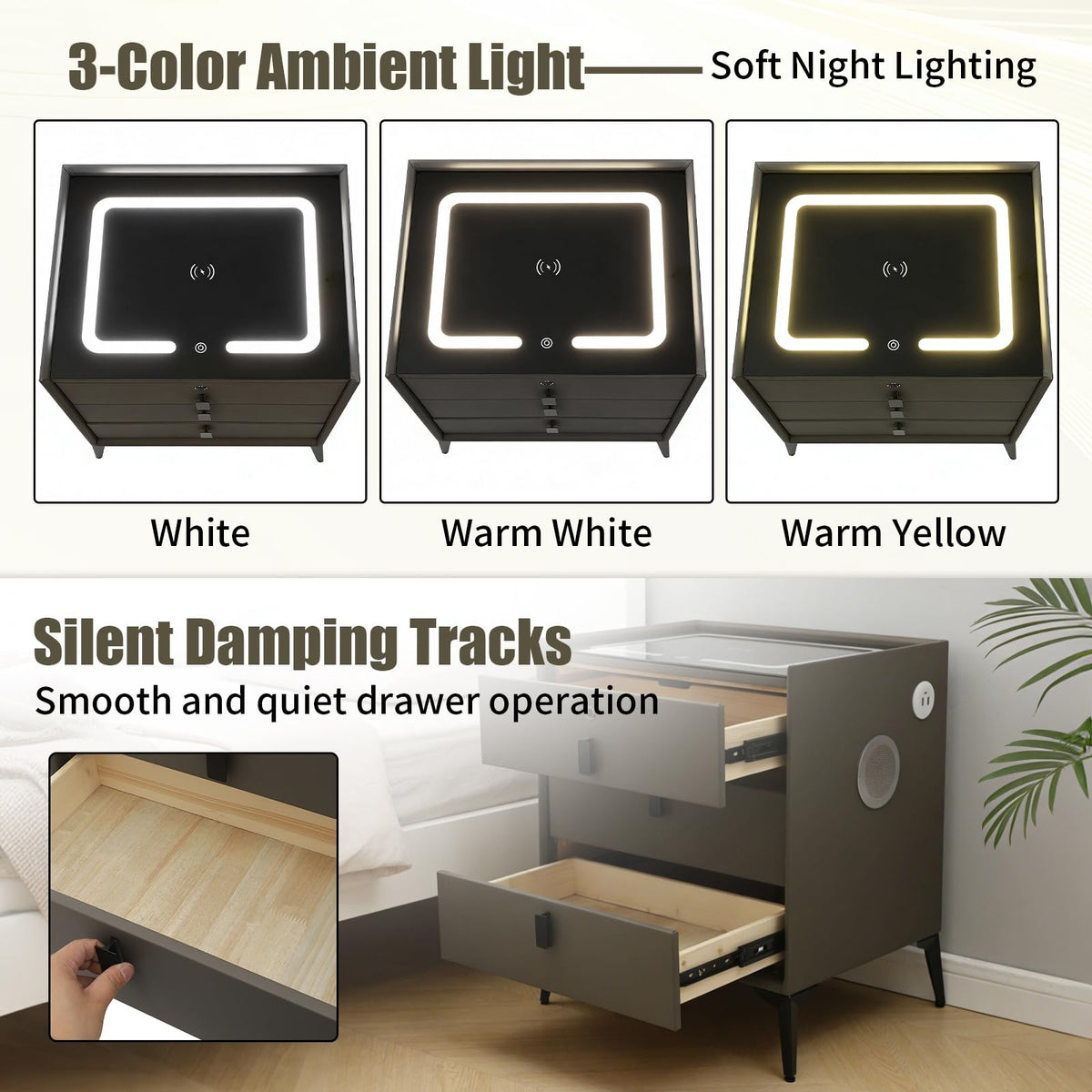 Dark Grey 3-Drawer Nightstand with Charging Station N750079