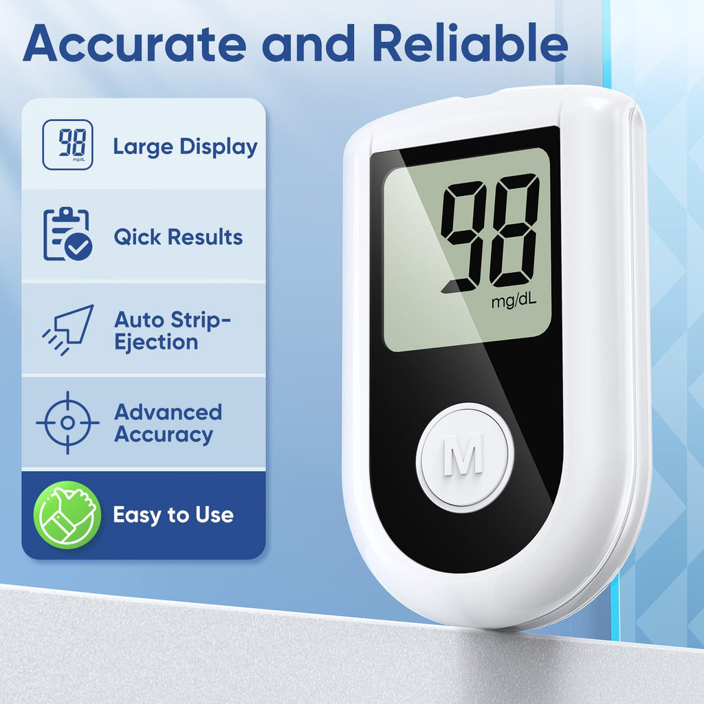Blood Glucose Monitor Kit with 100 Strips, 100 Lancets, Lancing Device, No Coding T852