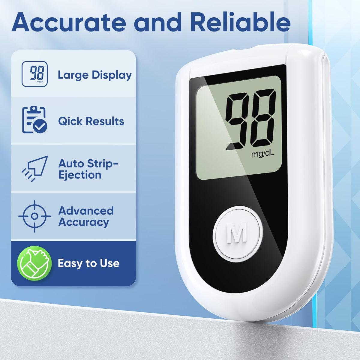 Blood Glucose Monitor Kit with 100 Strips, 100 Lancets, Lancing Device, No Coding T852