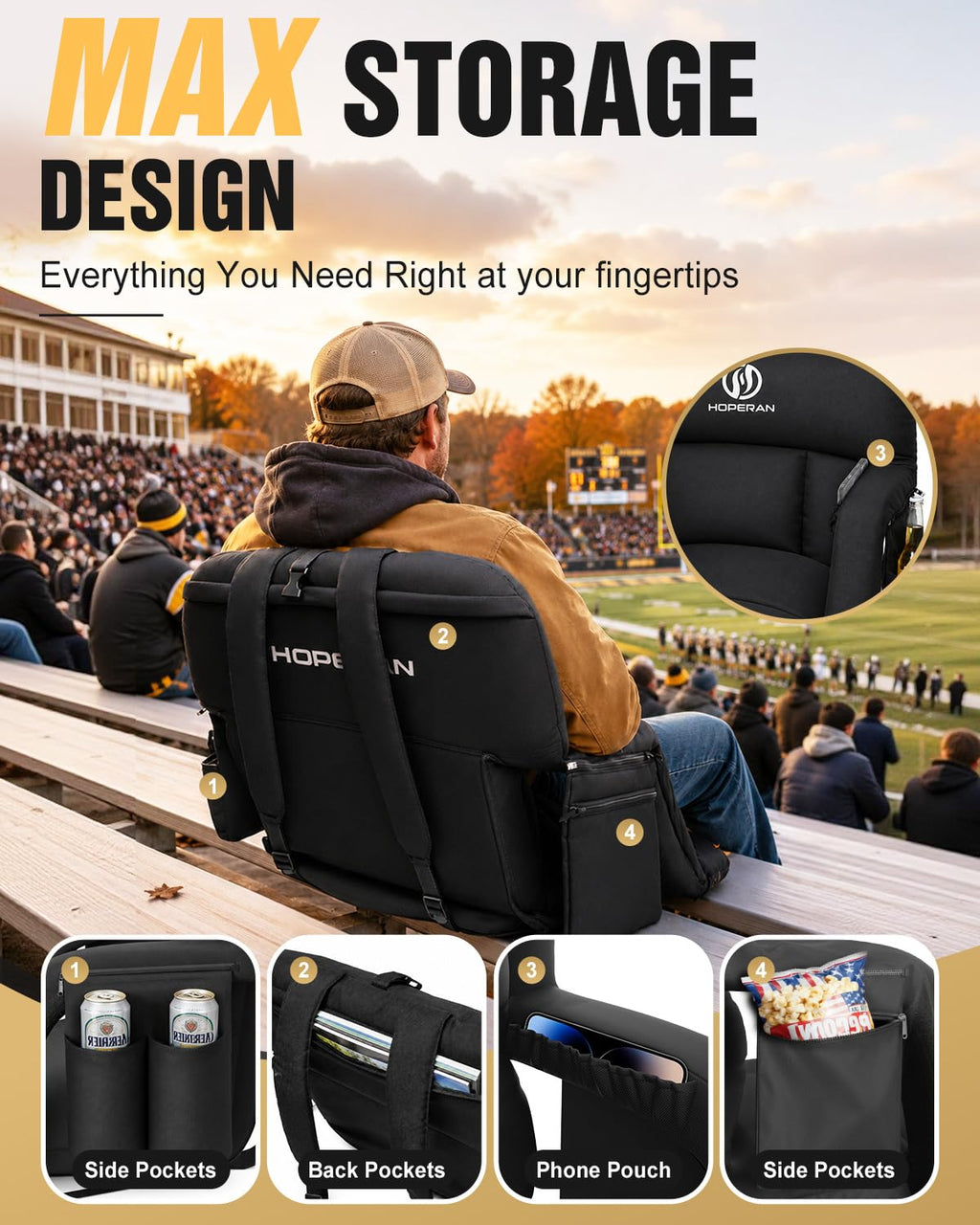 25" Heated Stadium Seats for Bleachers, 4.3" Extra Thick, Black 2PC P965554