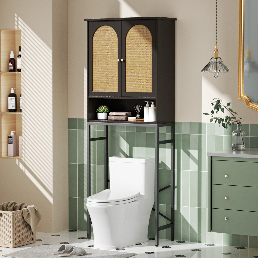 Rattan Wood Toilet Storage Cabinet with Metal Stand L649