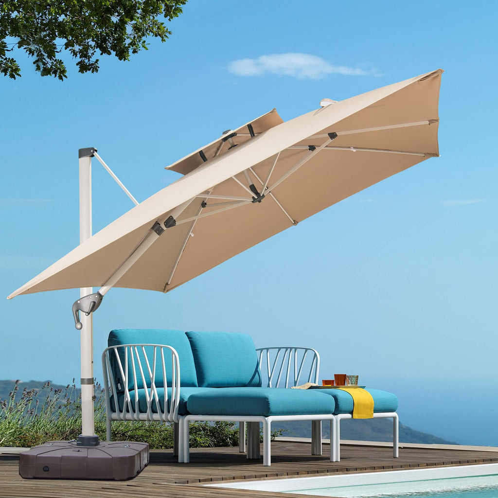 10 FT Square Cantilever Patio Umbrella with Solar LED Lights and Cross Base, Khaki Z29661