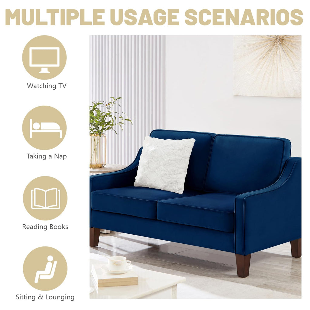 Navy Velvet 2 Seat Loveseat Sofa with Wooden Legs L478