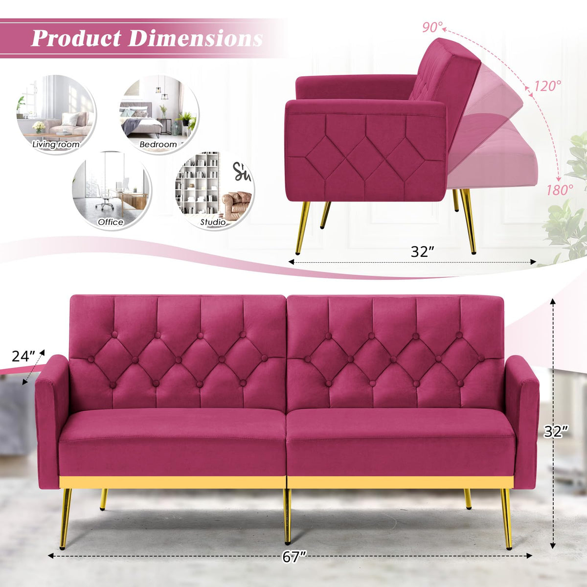 Velvet Sofa Bed with Adjustable Armrests & Backrests M658351