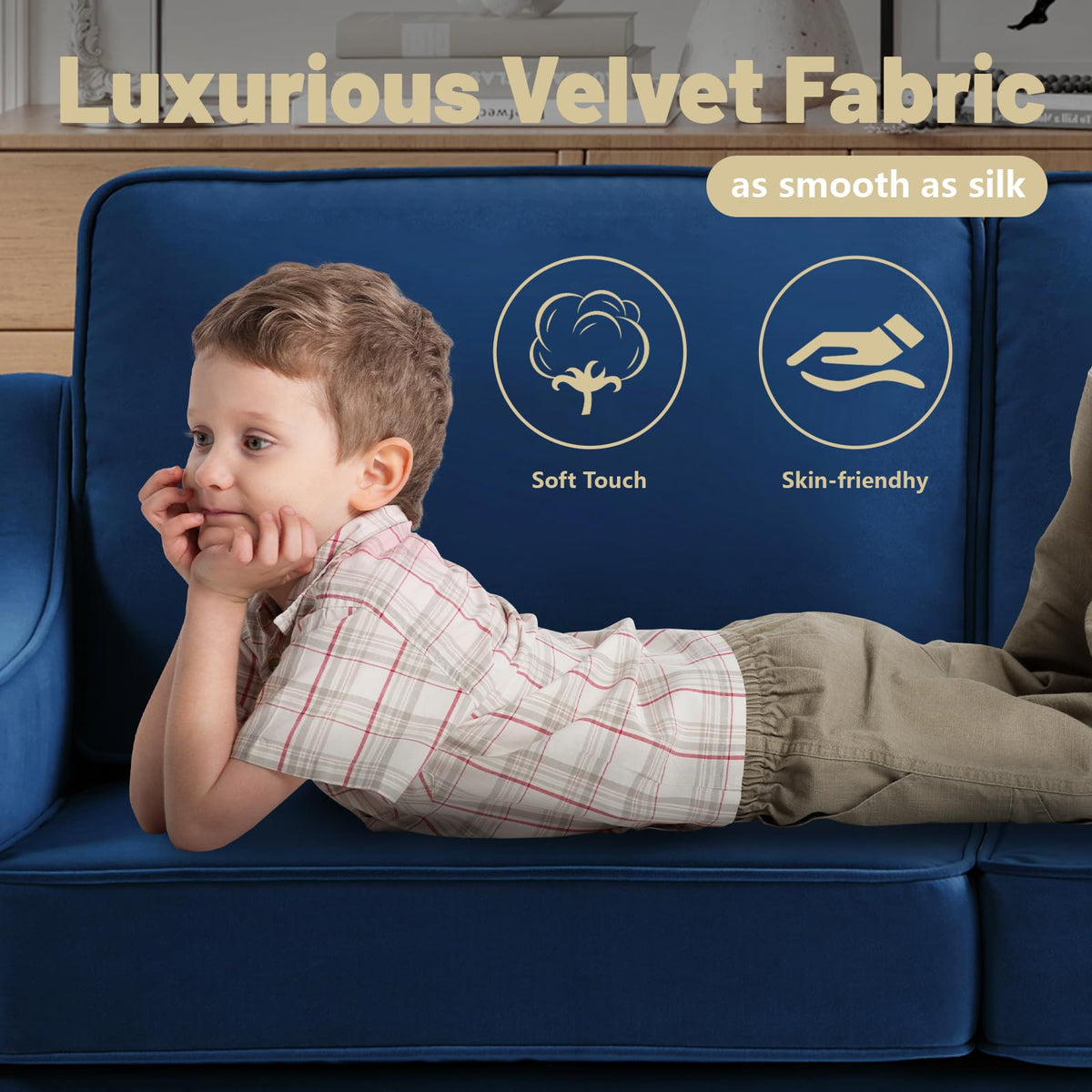 Navy Velvet 2 Seat Loveseat Sofa with Wooden Legs L478