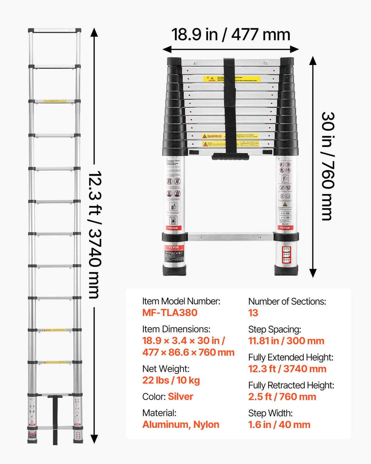 12.5ft Aluminum Telescoping Ladder 330LBS P4512
