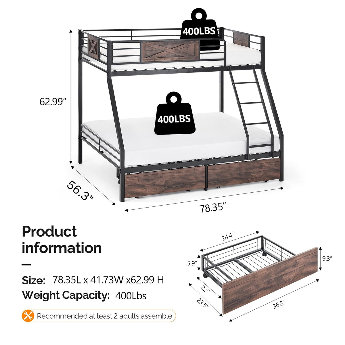 Twin Over Full Metal Bunk Bed with 2 Storage Drawers W43889