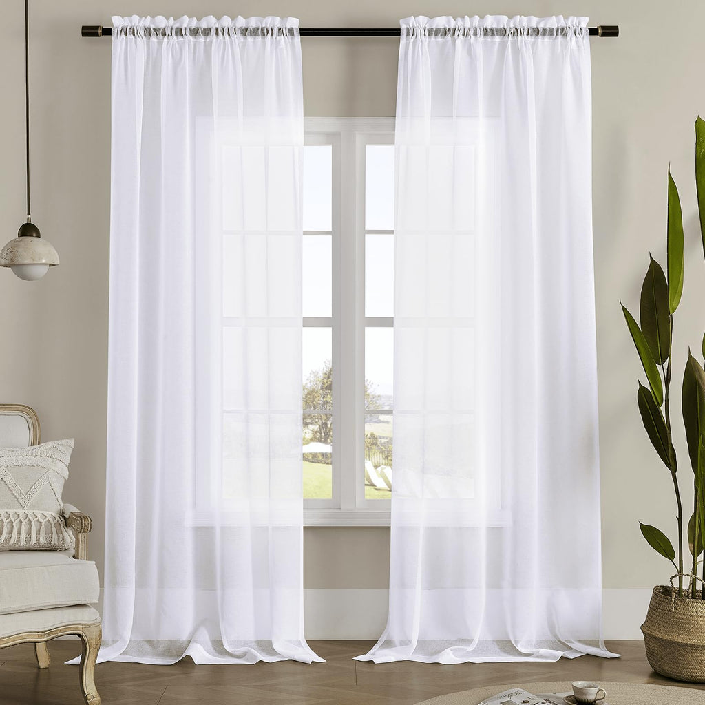White 95 Inches Long Rod Pocket Sheer Curtains Set of 2 N13897