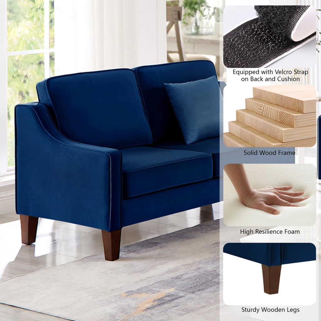 Navy Velvet 2 Seat Loveseat Sofa with Wooden Legs L478