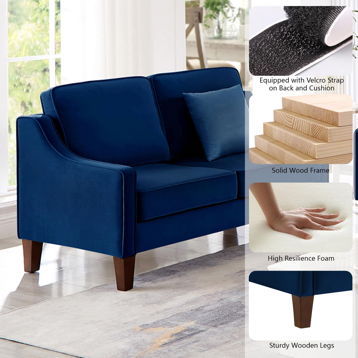 Navy Velvet 2 Seat Loveseat Sofa with Wooden Legs L478
