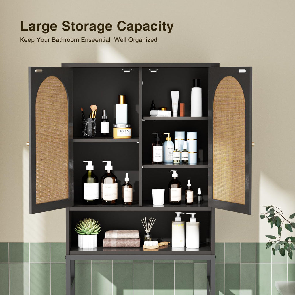 Rattan Wood Toilet Storage Cabinet with Metal Stand L649