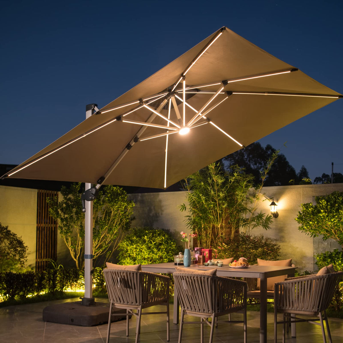 10 FT Square Cantilever Patio Umbrella with Solar LED Lights and Cross Base, Khaki Z29661