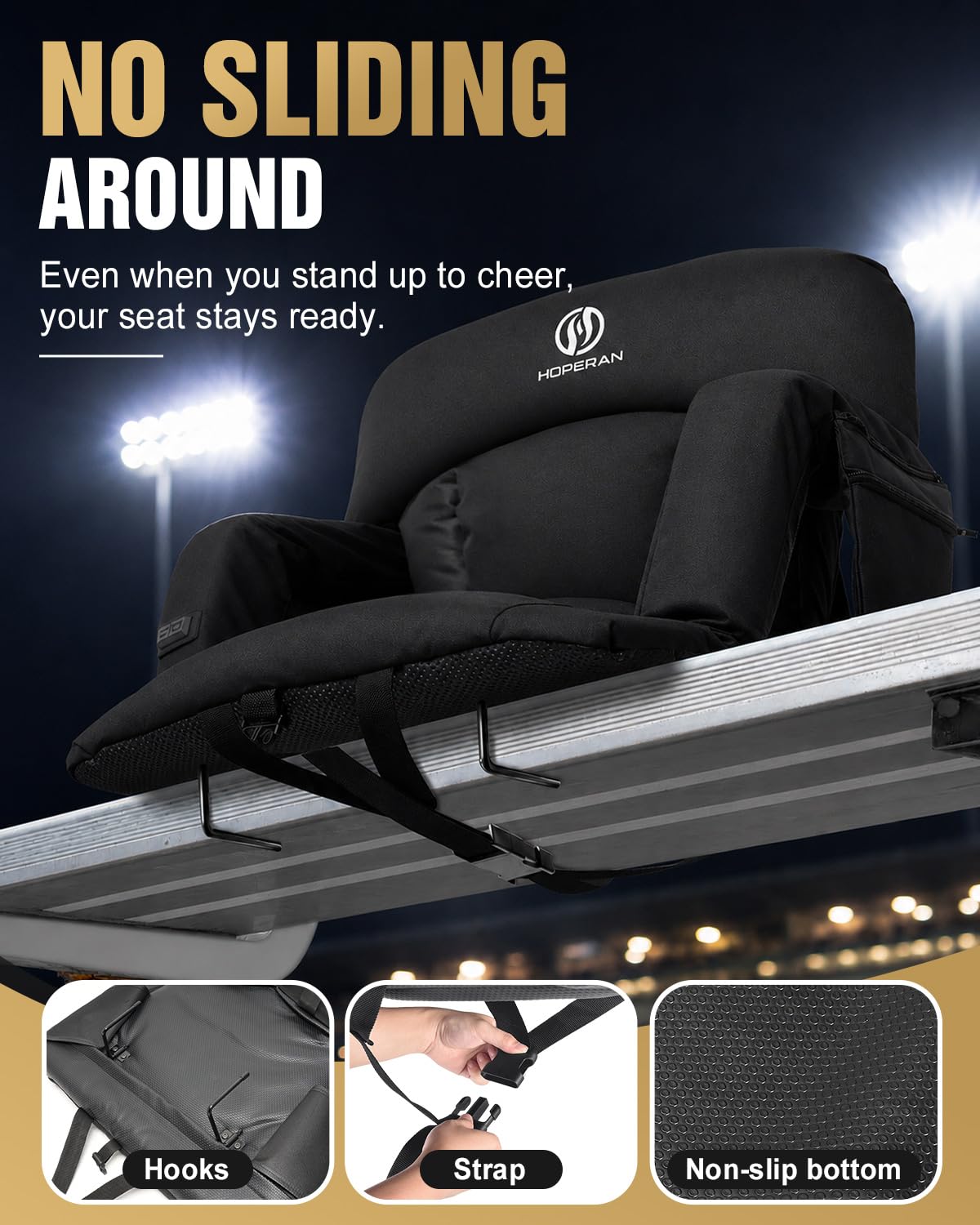 25" Heated Stadium Seats for Bleachers, 4.3" Extra Thick, Black 2PC P965554