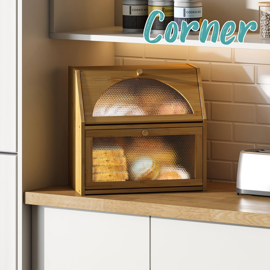 Extra Large Bamboo Wood Double Layer Bread Box Q543593