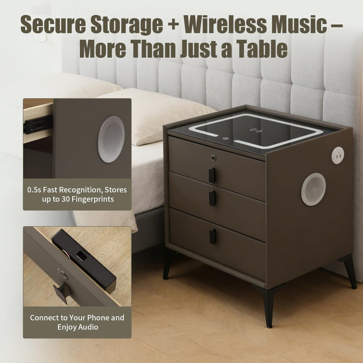 Dark Grey 3-Drawer Nightstand with Charging Station N750079