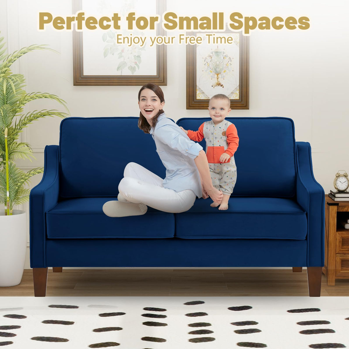 Navy Velvet 2 Seat Loveseat Sofa with Wooden Legs L478