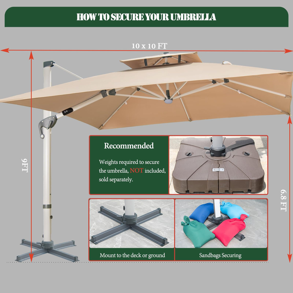 10 FT Square Cantilever Patio Umbrella with Solar LED Lights and Cross Base, Khaki Z29661