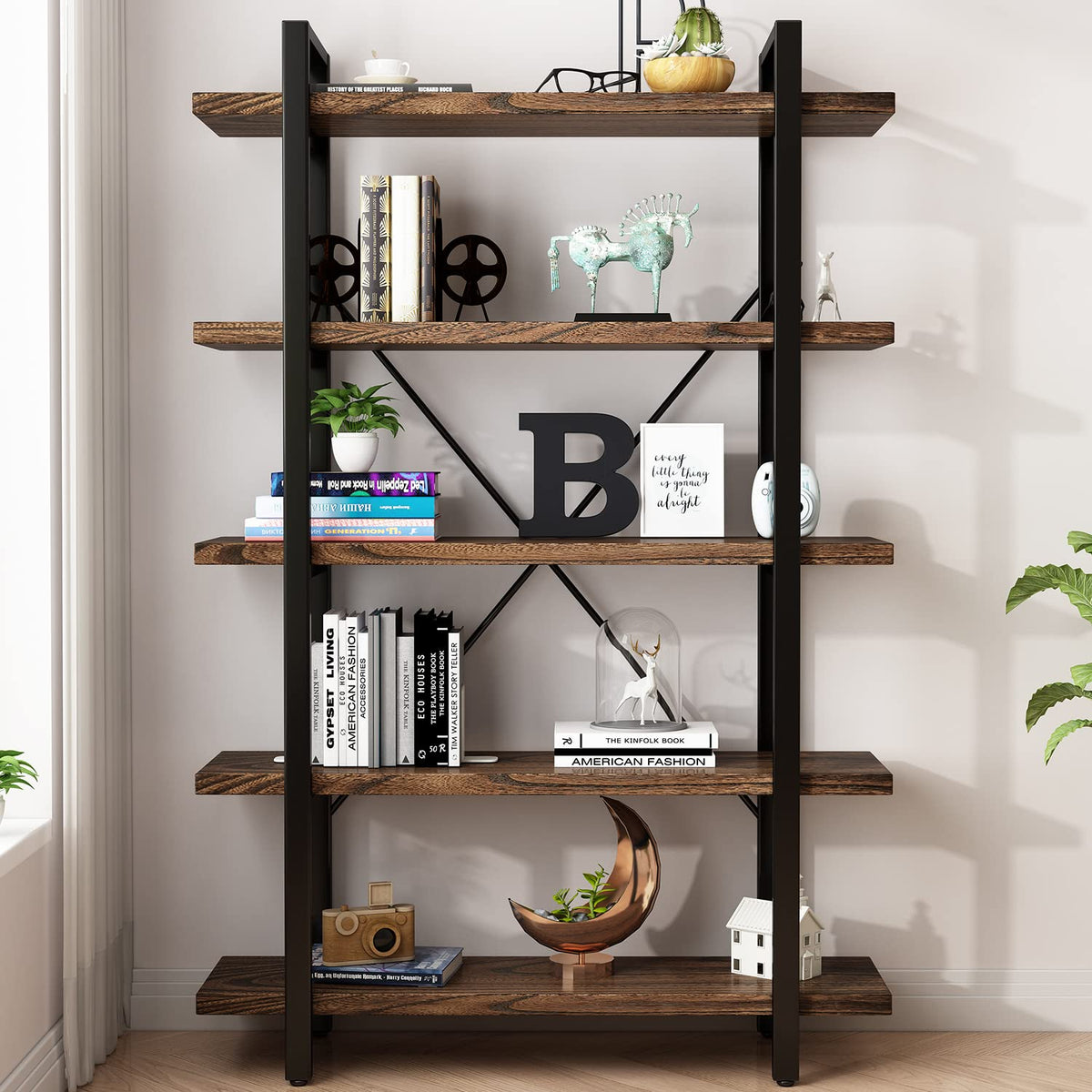5-Tier Solid Wood and Metal Bookcase Z14254