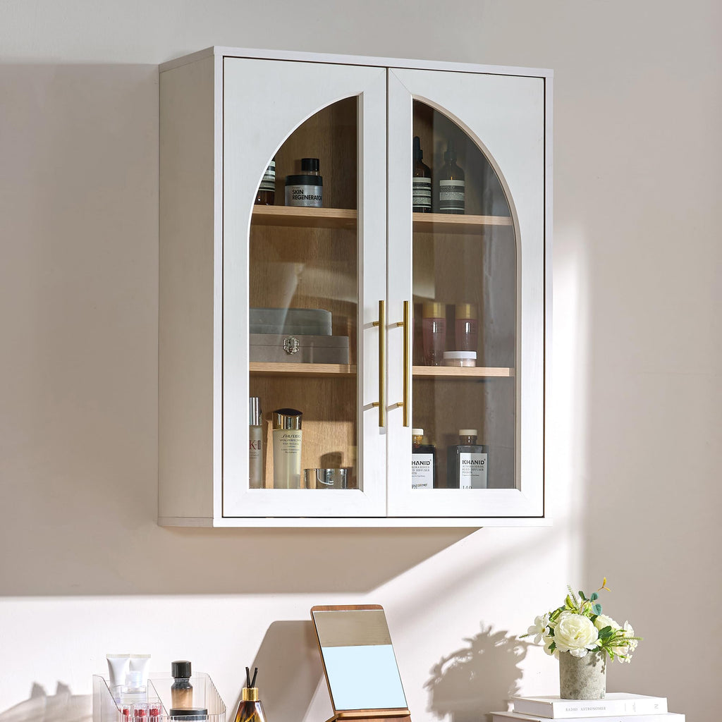 White Wall Mount Bathroom Cabinet with Glass Doors and Adjustable Shelves X9424