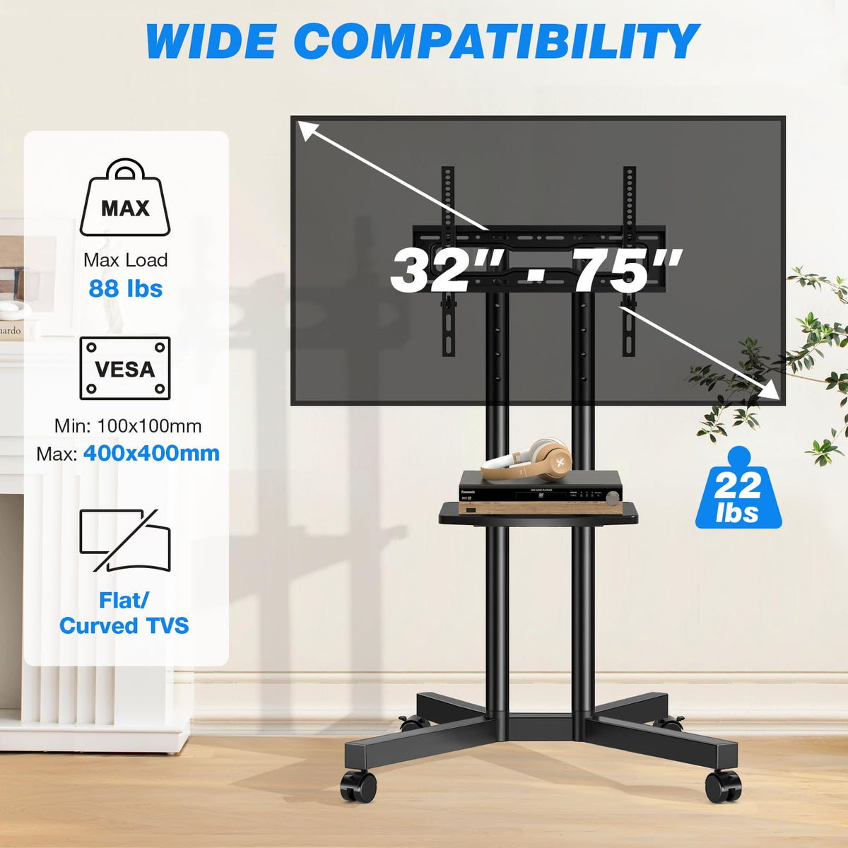 Mobile TV Cart Rolling TV Stand with Power Outlet for 32-75 Inch TVs B9830