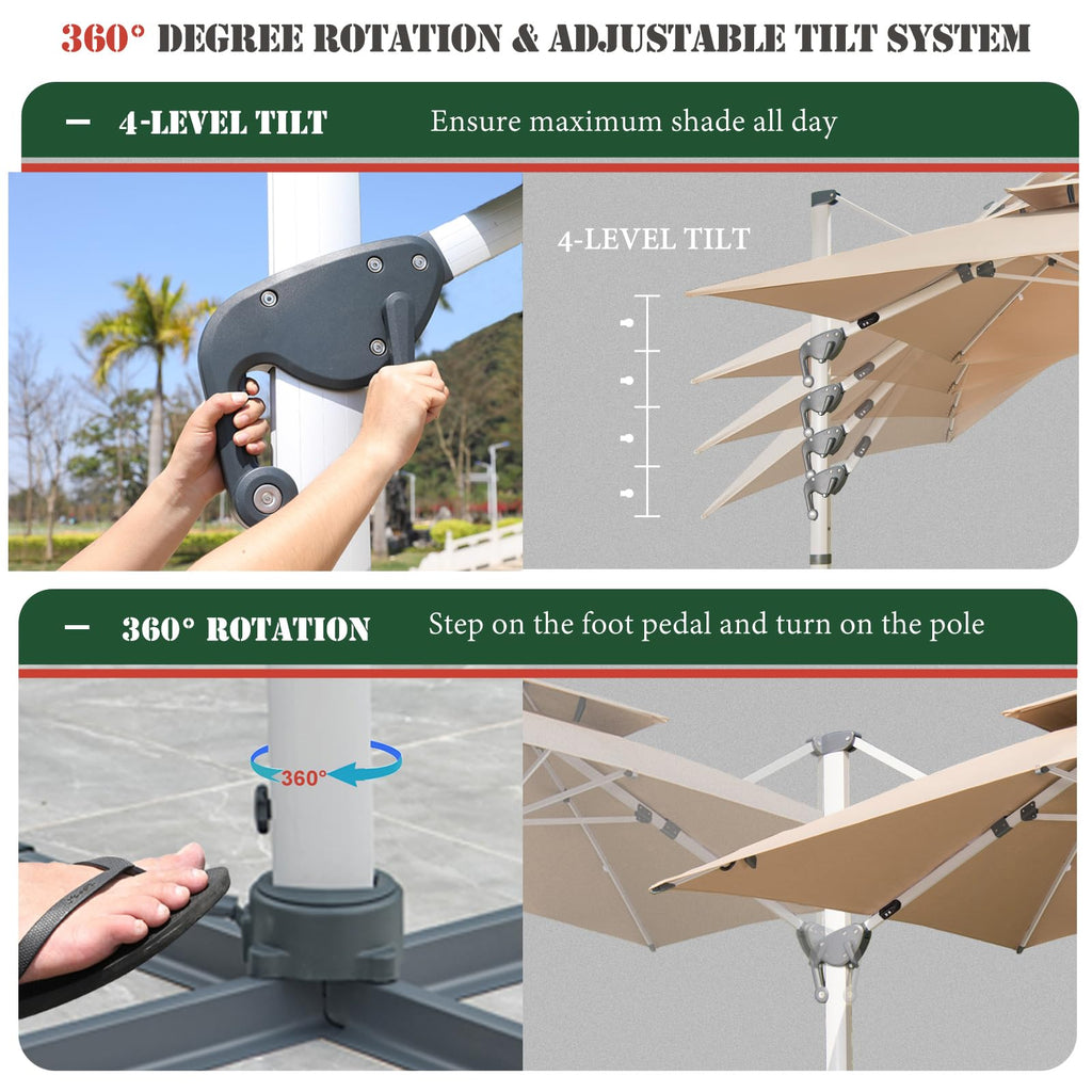 10 FT Square Cantilever Patio Umbrella with Solar LED Lights and Cross Base, Khaki Z29661