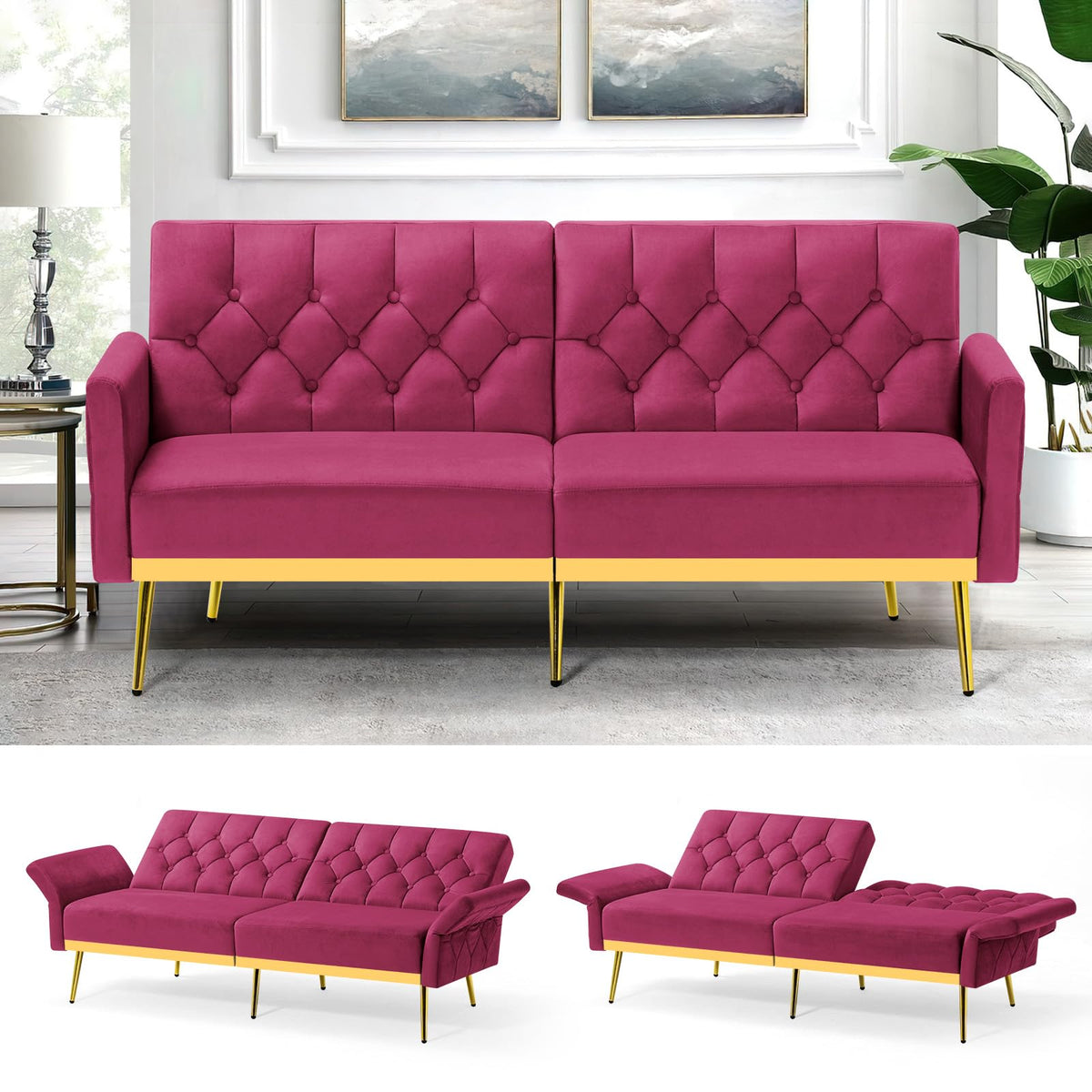 Velvet Sofa Bed with Adjustable Armrests & Backrests M658351