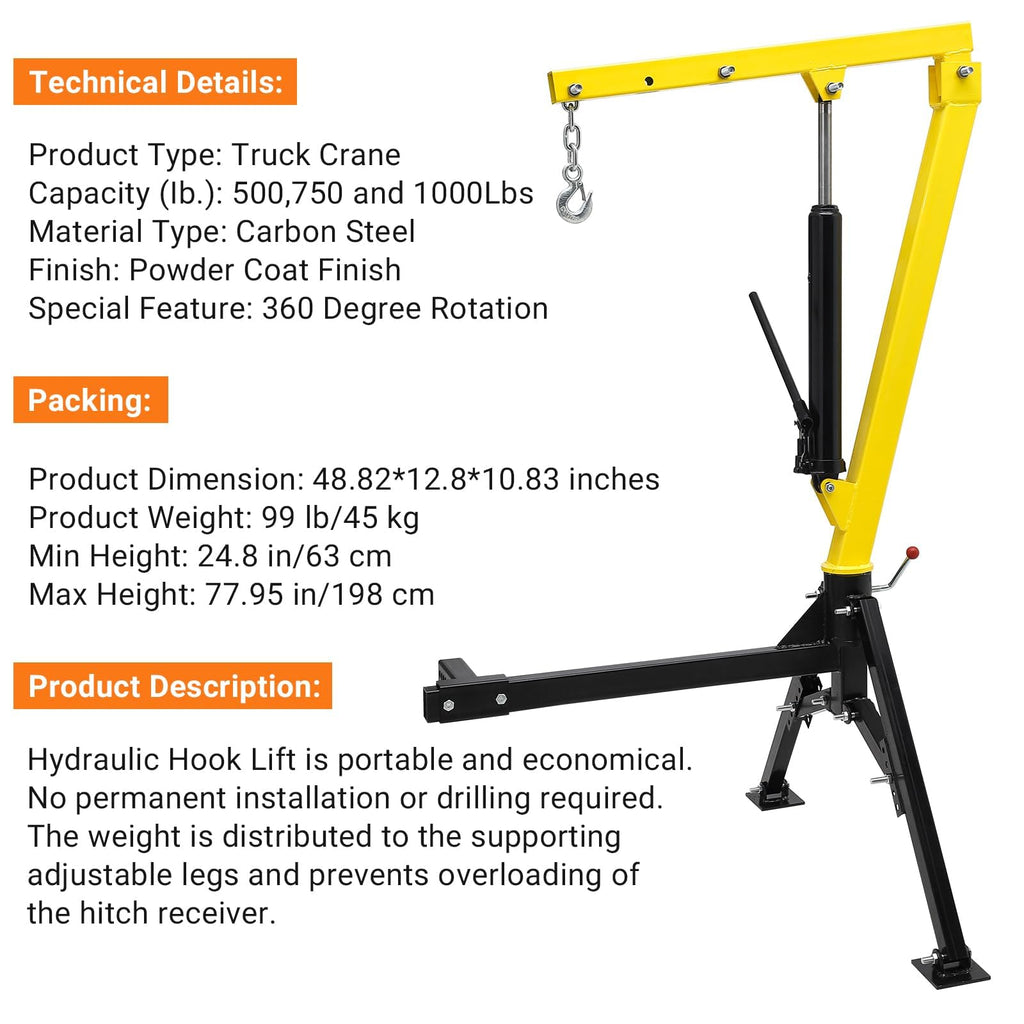 1000 LBS Hydraulic Truck-Mounted Crane with 360° Swivel V15427